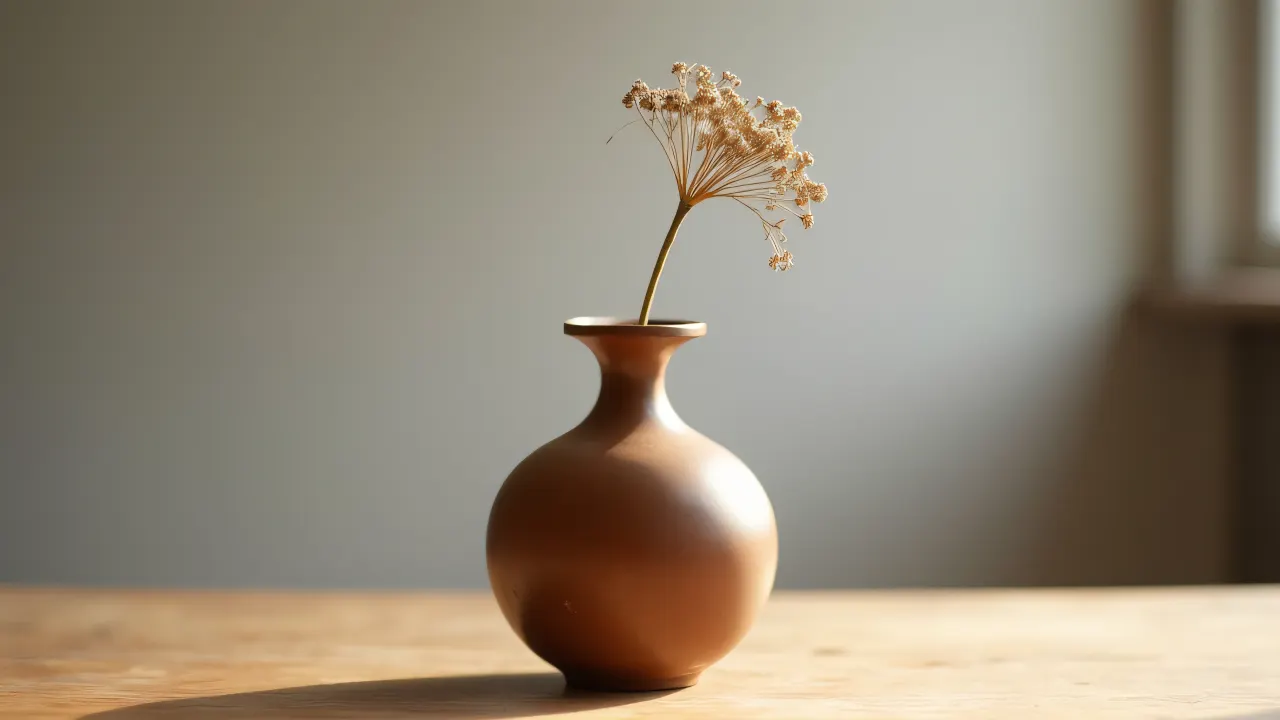 A brown ceramic vase with a dried flower on a wooden table, softly lit from above.