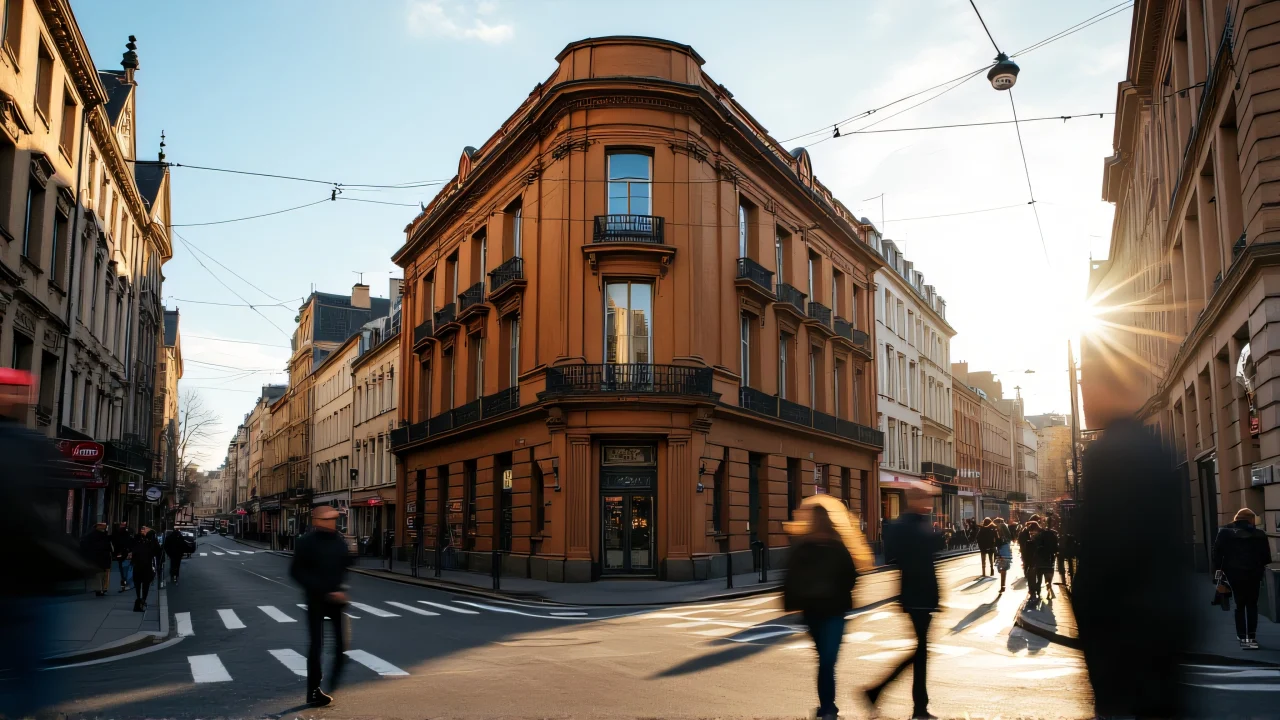 Street imagegraph of a brown concrete building with blurred pedestrians at golden hour.