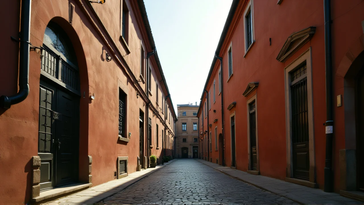Two brown concrete buildings across a cobblestone alley in afternoon light.