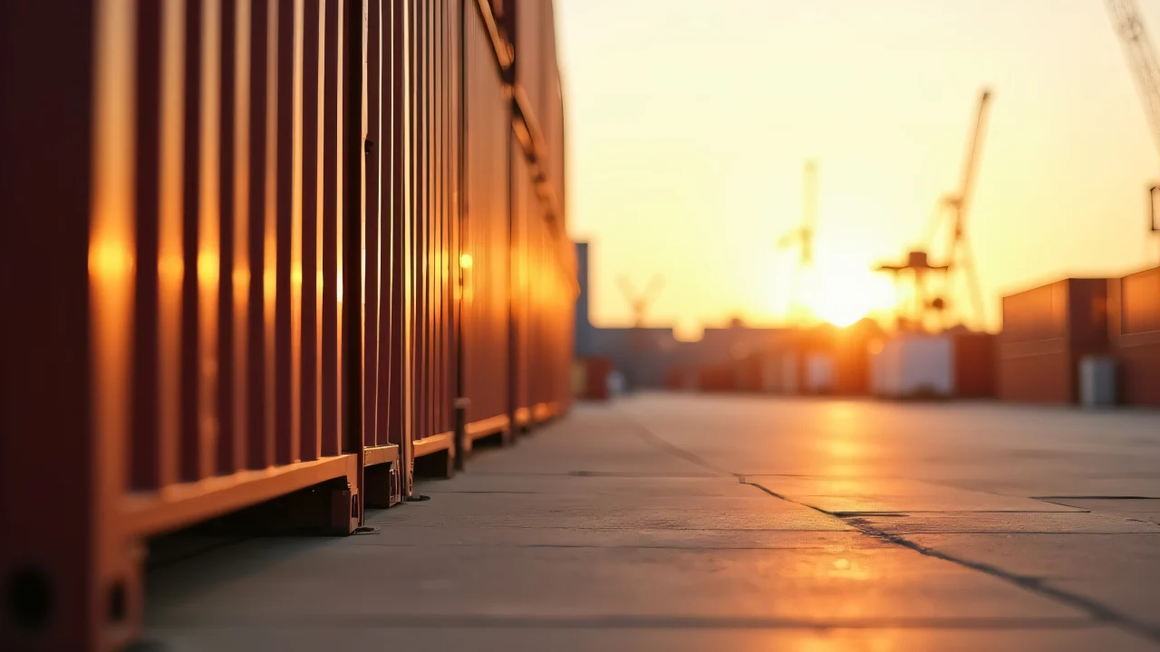 Close-up of stacked brown containers on a concrete dock during golden hour with an industrial skyline.