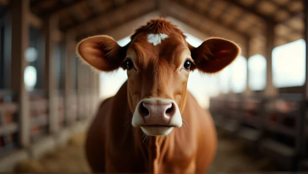 Brown Cow Close-Up Portrait In Barn Interior