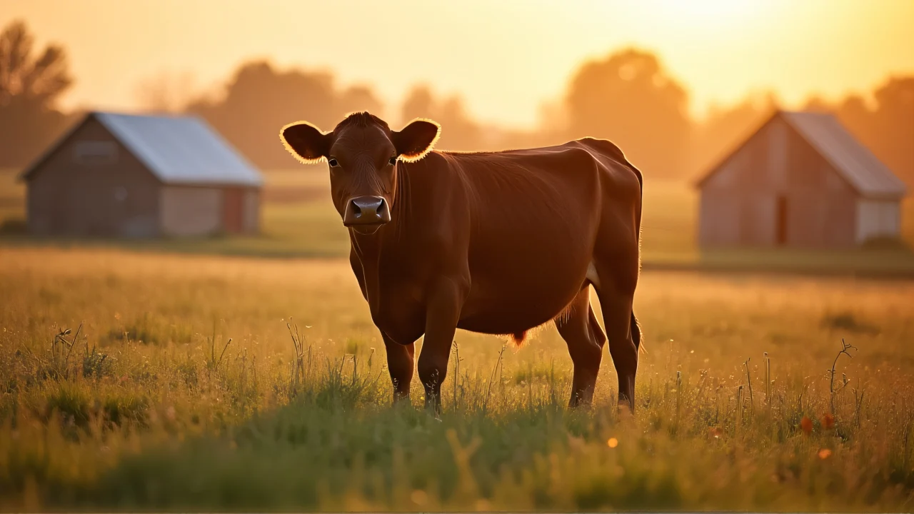 A brown cow stands in a dewy pasture during golden hour with blurred farm buildings in the background.