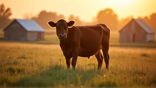 Brown Cow Dewy Pasture Golden Hour Low Angle