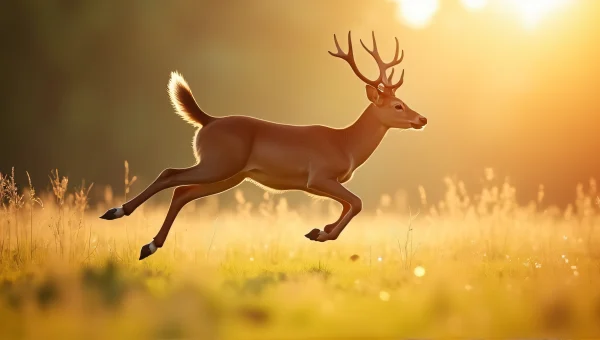 Brown Deer Leaping in Sunlit Meadow