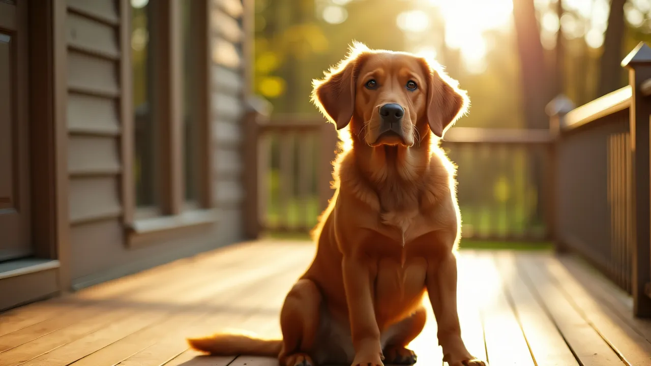 A brown dog sits on a sunlit wooden porch, enjoying the warm afternoon light.