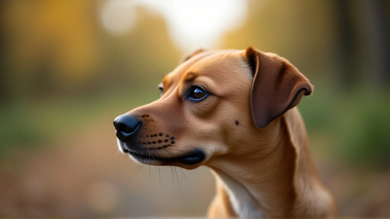 A brown dog shown in profile against a soft bokeh background.