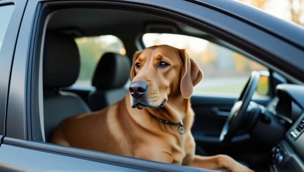 Brown Dog Sitting Inside Car Driver’s Seat