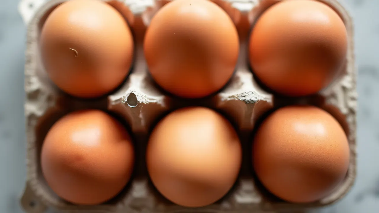 Overhead view of six brown eggs in a cardboard tray.