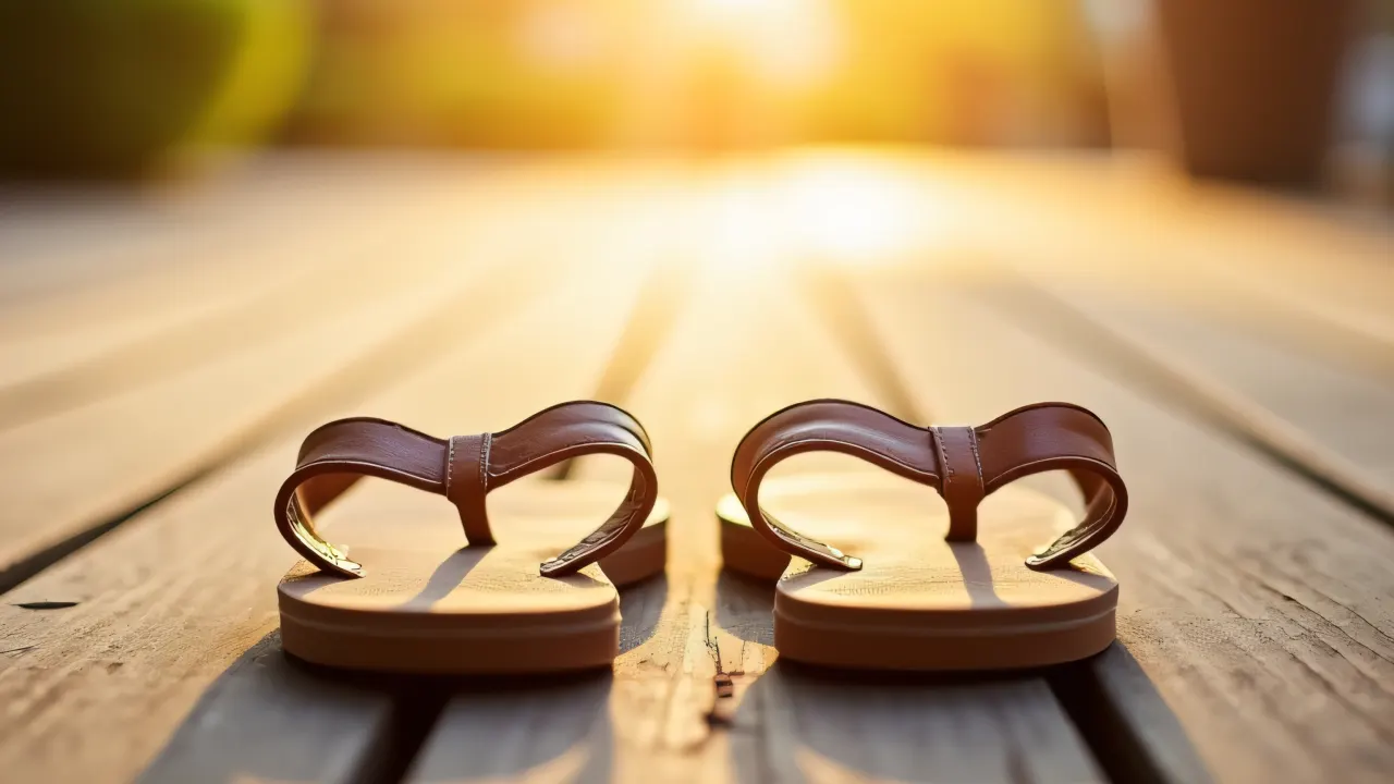 A pair of brown flip-flops resting on a sunlit wooden deck.