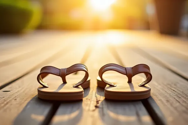 Brown Flip-Flops on Sunlit Wooden Deck