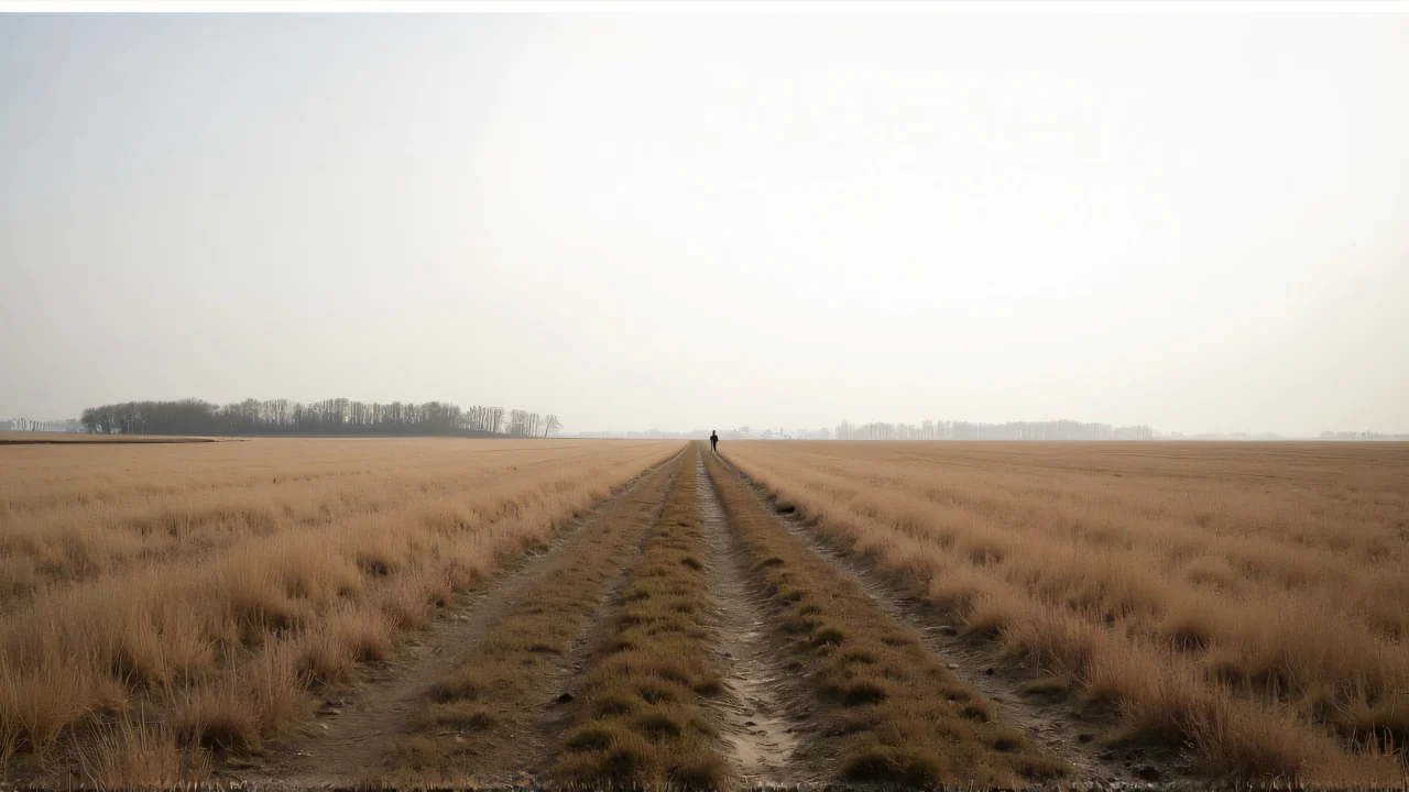 A wide brown grass field features a dirt path and distant trees under a gray sky.