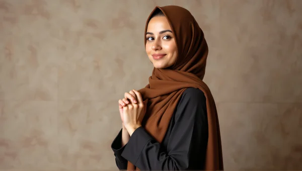 Brown Hijab Fashion Model Standing Against Neutral Backdrop
