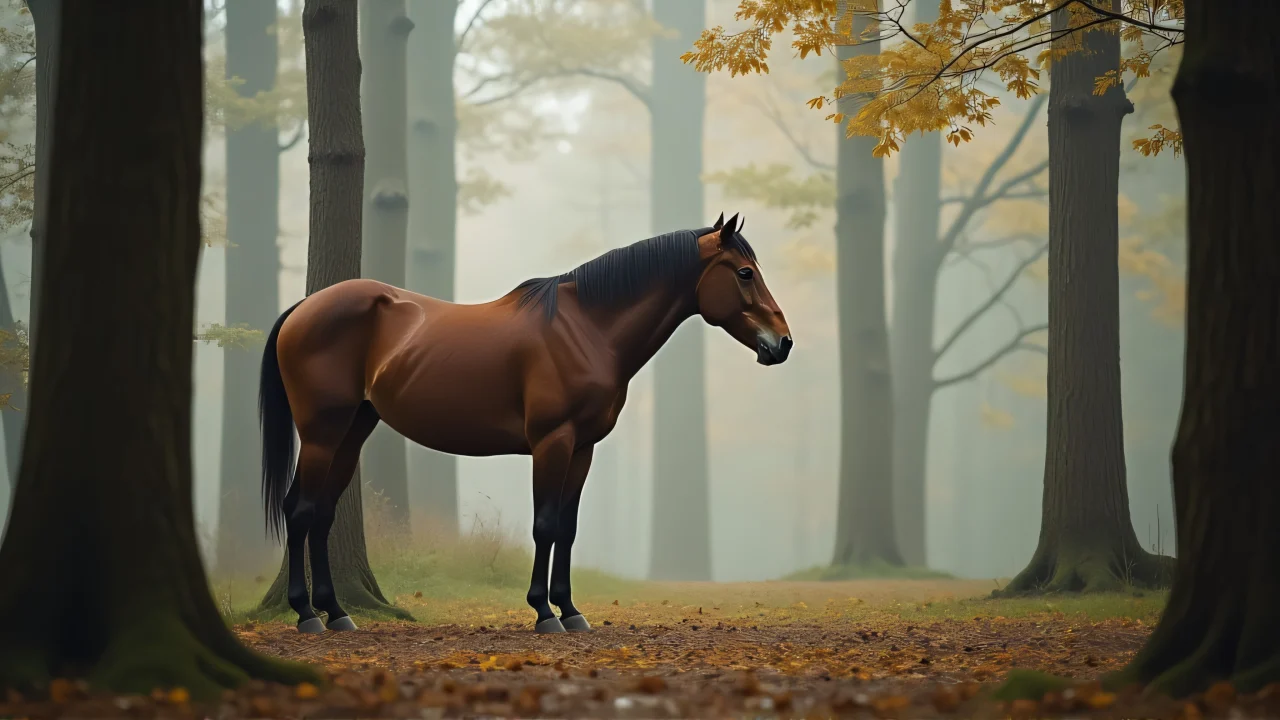 A brown horse stands in a misty forest clearing surrounded by tall trees.