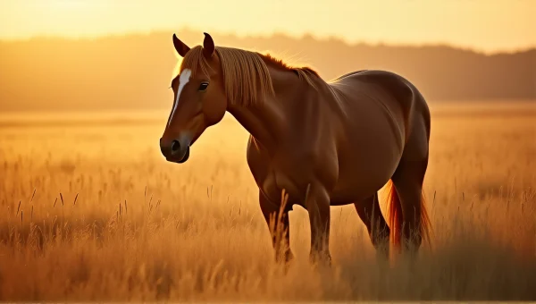 Brown Horse in Tall Grass at Golden Hour