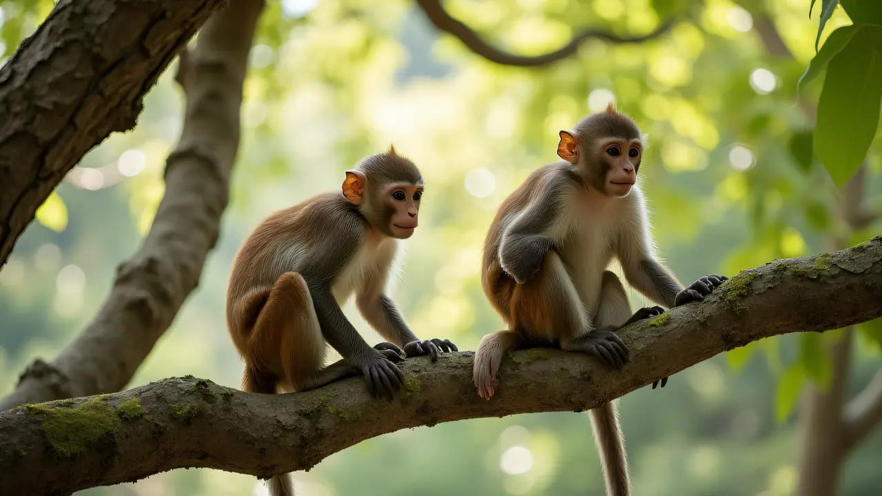 Two brown monkeys playfully interacting on a banyan tree branch with sunlight filtering through leaves.