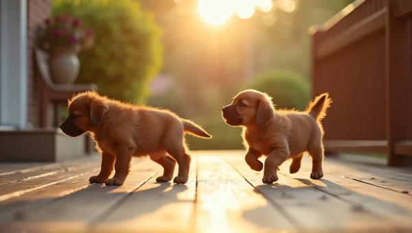 Brown Puppies Playing on Wooden Porch