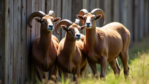 Brown Rams Beside Weathered Fence in Midday Light
