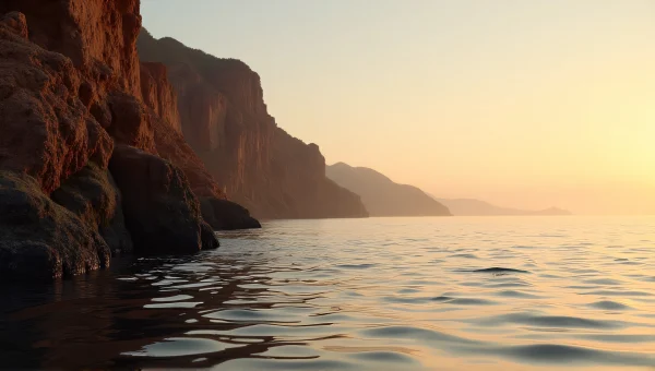 Brown Rocky Cliff Reflection Calm Water Golden Hour