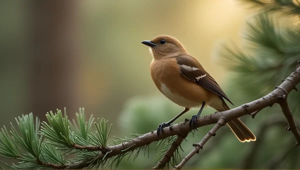 Brown Songbird Perched on Pine Branch in Morning Light