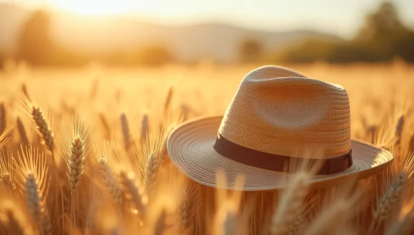 Brown Straw Hat on Wheat Stalks in Warm Light