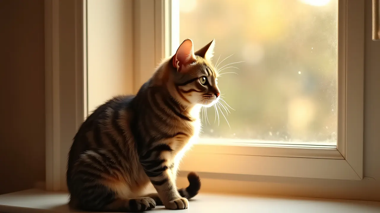 A brown tabby cat enjoys the warm sunlight while sitting on a windowsill.
