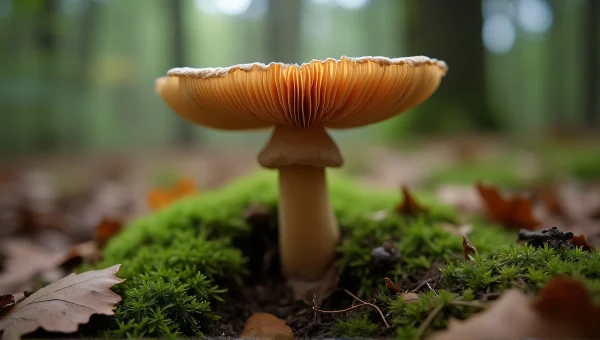 Brown Trumpet Mushroom On Forest Floor Close-Up
