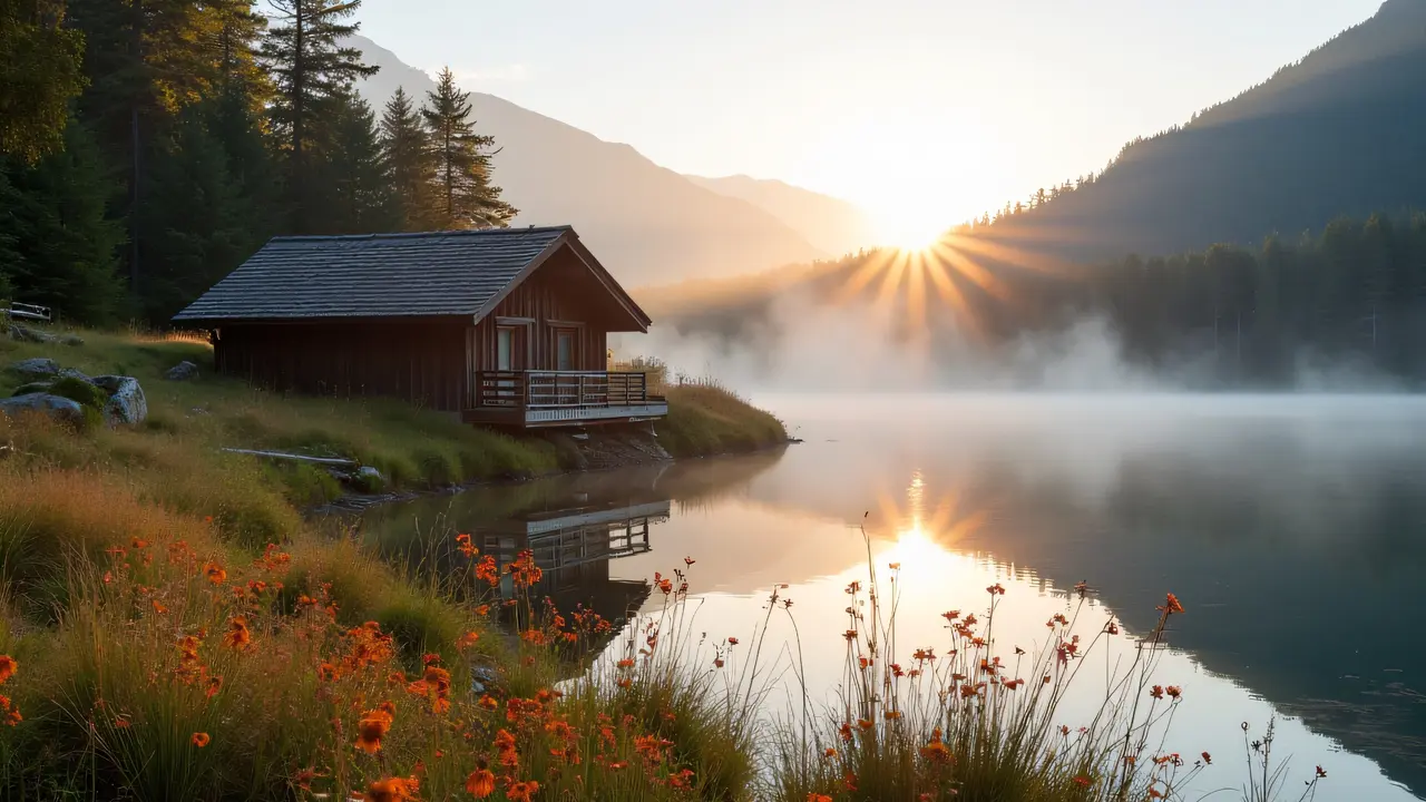 A brown wooden cabin sits beside an alpine lake at sunrise, surrounded by wildflowers and mist.