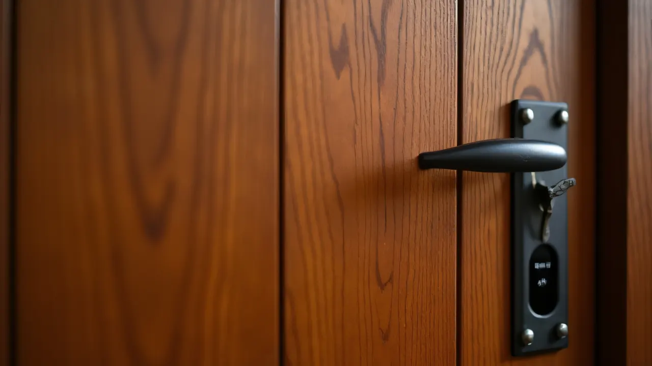 Close-up of a brown wooden door featuring vertical grain and an iron handle.
