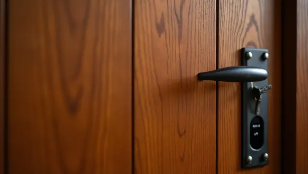Brown Wooden Door Close-Up With Iron Handle