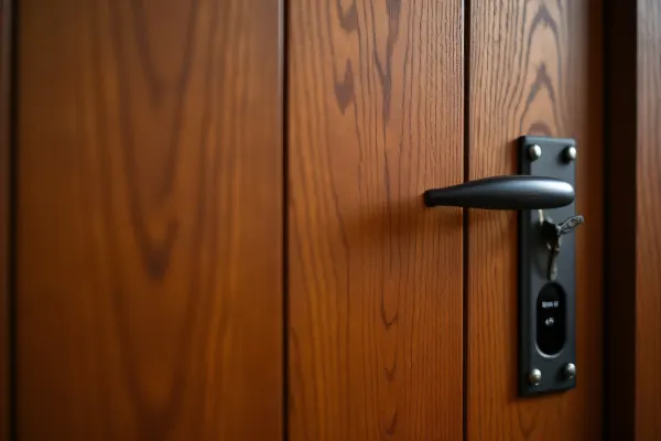 Brown Wooden Door Close-Up With Iron Handle