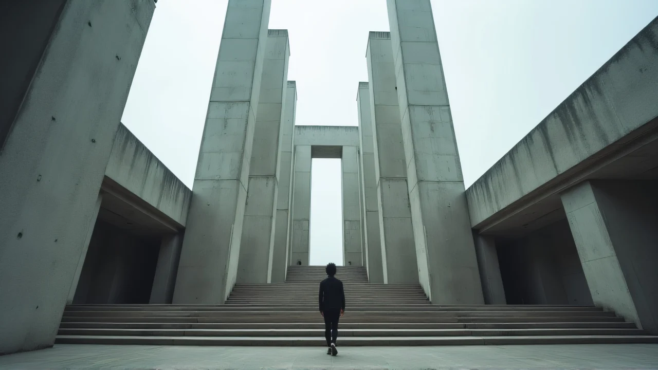 A low-angle view of a Brutalist concrete temple featuring towering pillars and a silhouetted figure at the entrance.