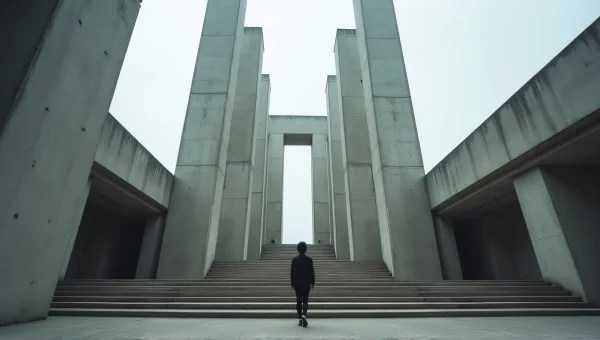 Brutalist Concrete Temple With Silhouetted Figure