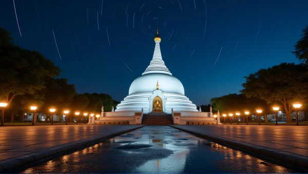 Buddhist Temple Night Scene With Star Trails