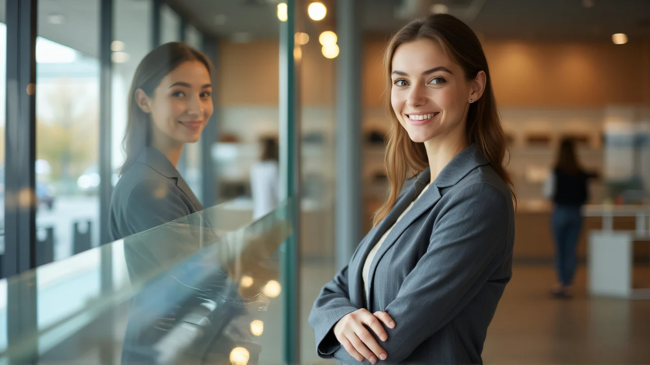 A business woman stands beside a glass display counter in a modern shop.