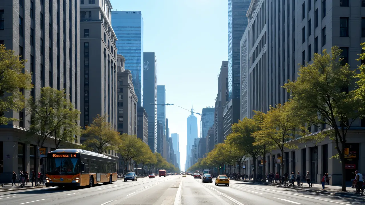 A lively city street bustling with pedestrians, buses, and bicycles under a clear sky.