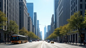Busy City Street With Skyscrapers And Pedestrians