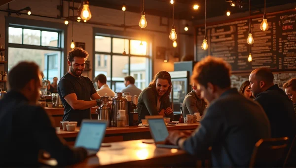 Busy Coffee House Interior During Golden Hour