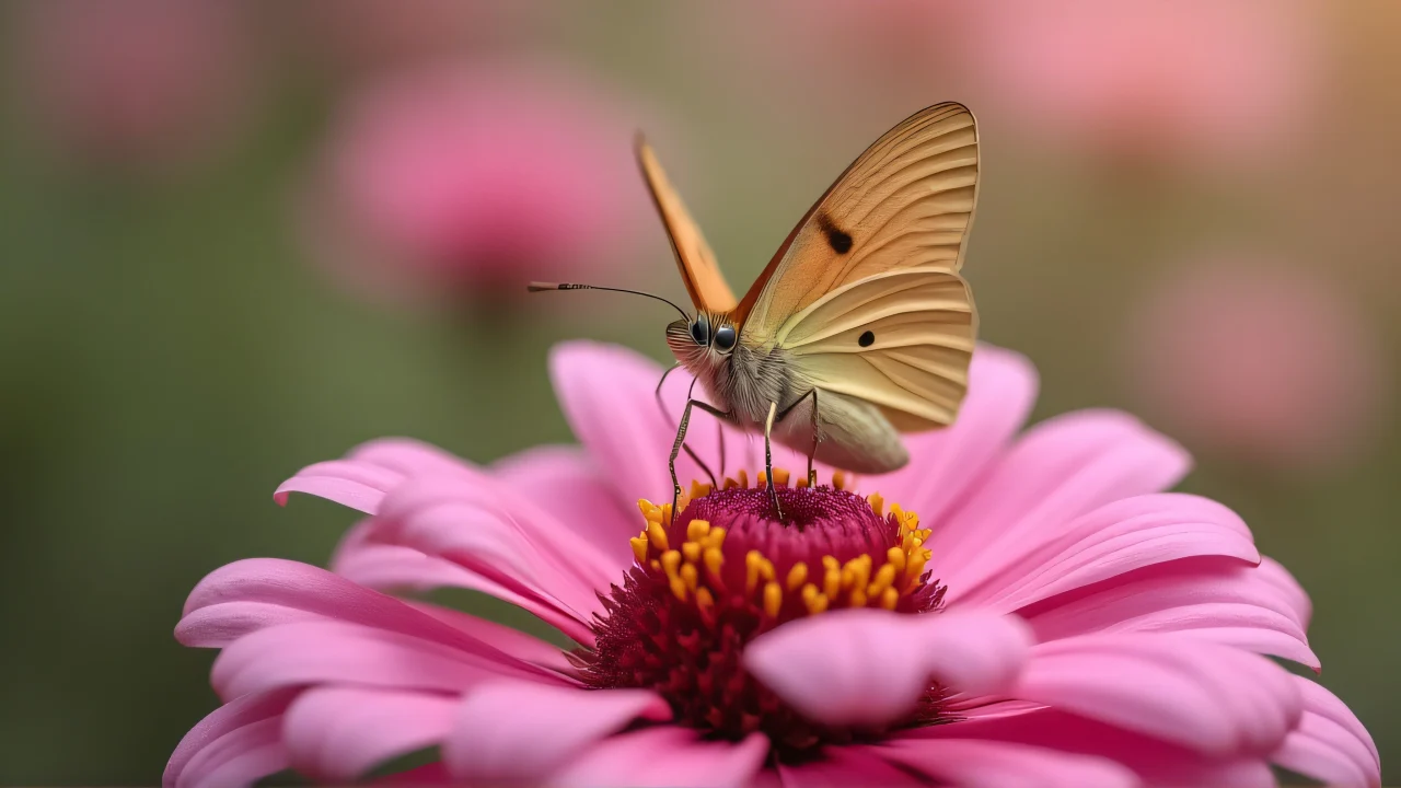 A butterfly resting on a pink flower with a blurred background.