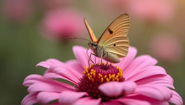 Butterfly On Pink Flower Close-Up Selective Focus