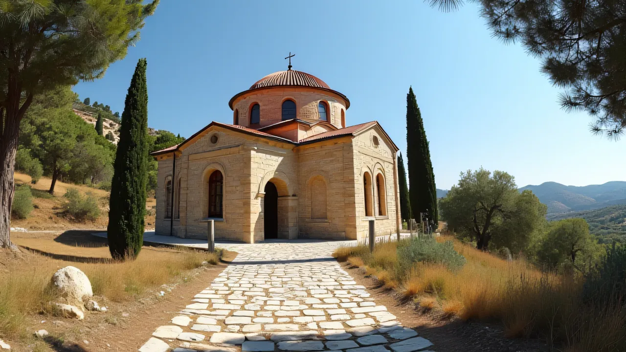 A Byzantine stone church at the base of a hill, surrounded by olive groves and a cobbled path.