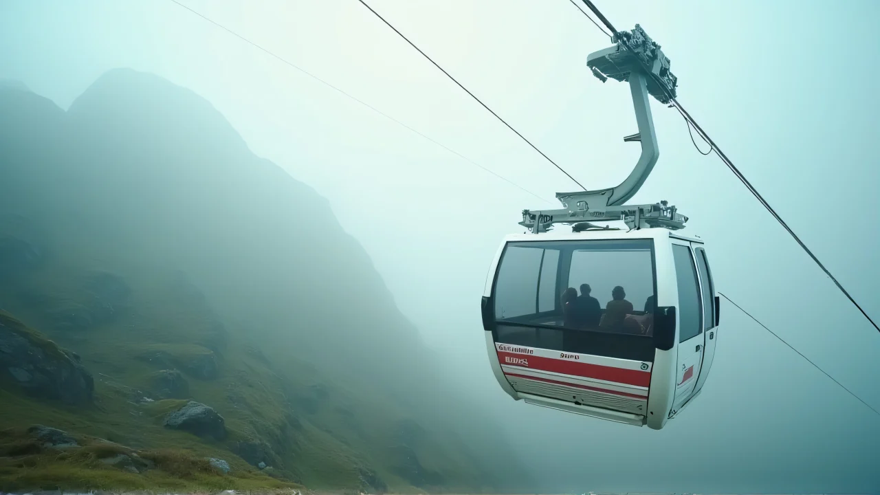 A white and red cable car glides over a fog-covered alpine valley.