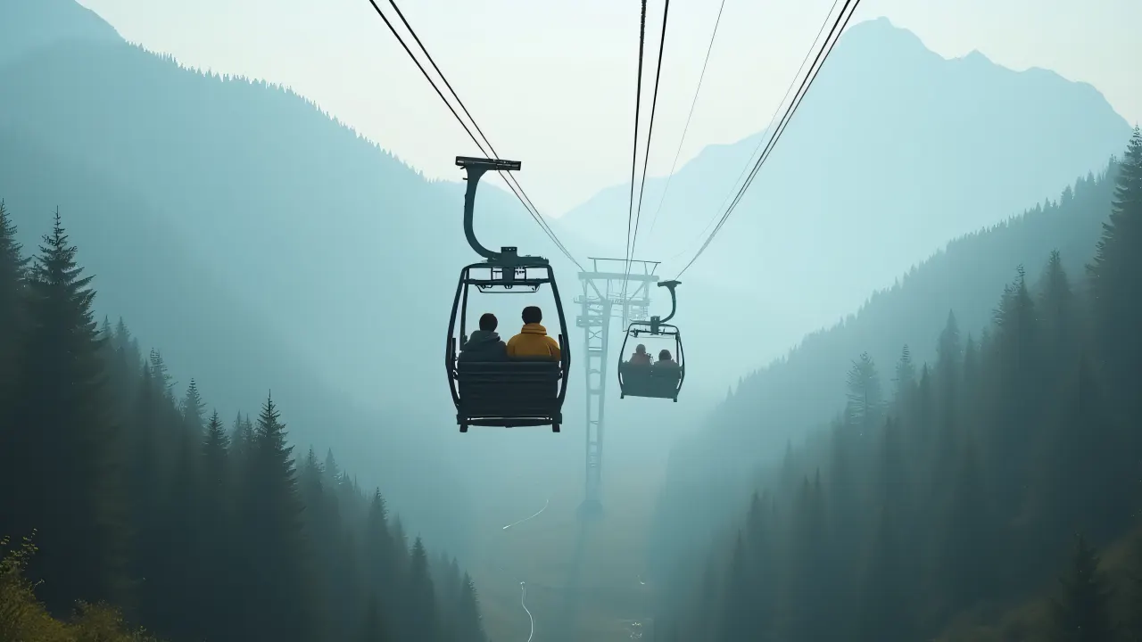 Two riders enjoy a cable car journey across a foggy mountain landscape with distant peaks.