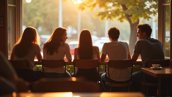 Café Gathering With Friends Around Oak Surface