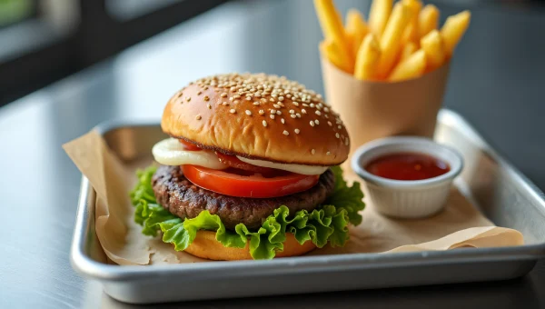 Cafeteria Tray Beef Burger With Fries And Ketchup