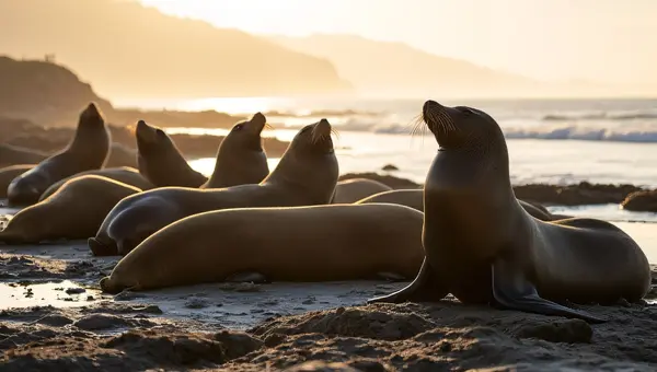 California Sea Lions Sunbathing On Rocky Shore