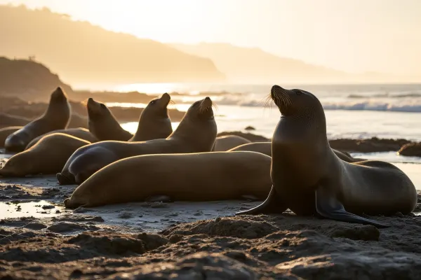 California Sea Lions Sunbathing On Rocky Shore