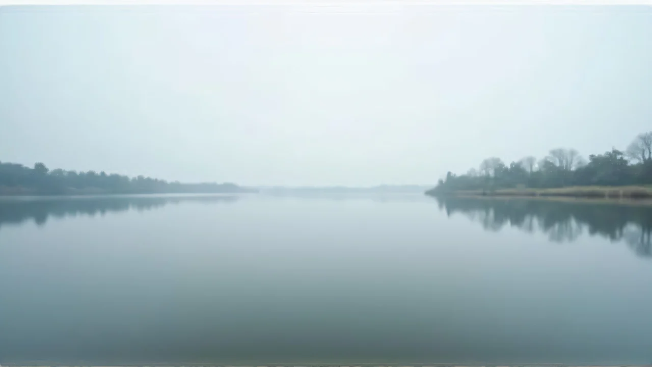 A calm freshwater lake reflects a distant tree line under a gray overcast sky.