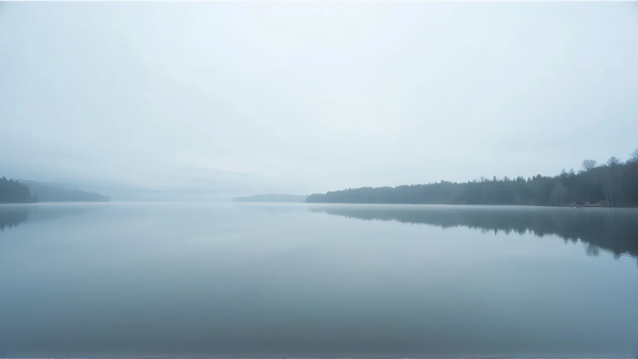 A calm lake reflects low clouds under a gray sky.