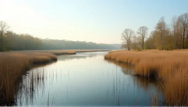 Calm Lake Reflections With Tall Grass And Trees