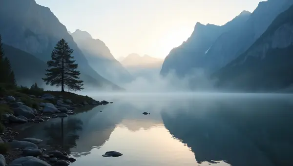 Calm Lake Sunrise With Mountain Reflection